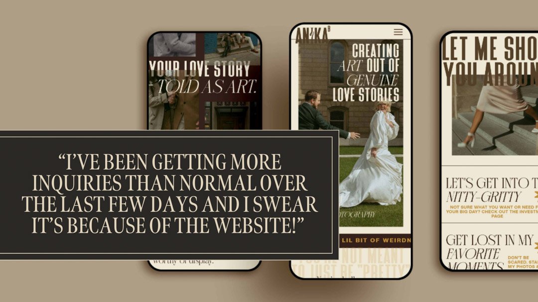 Mobile phone screen showing a responsive website design after a refresh for a wedding photographer