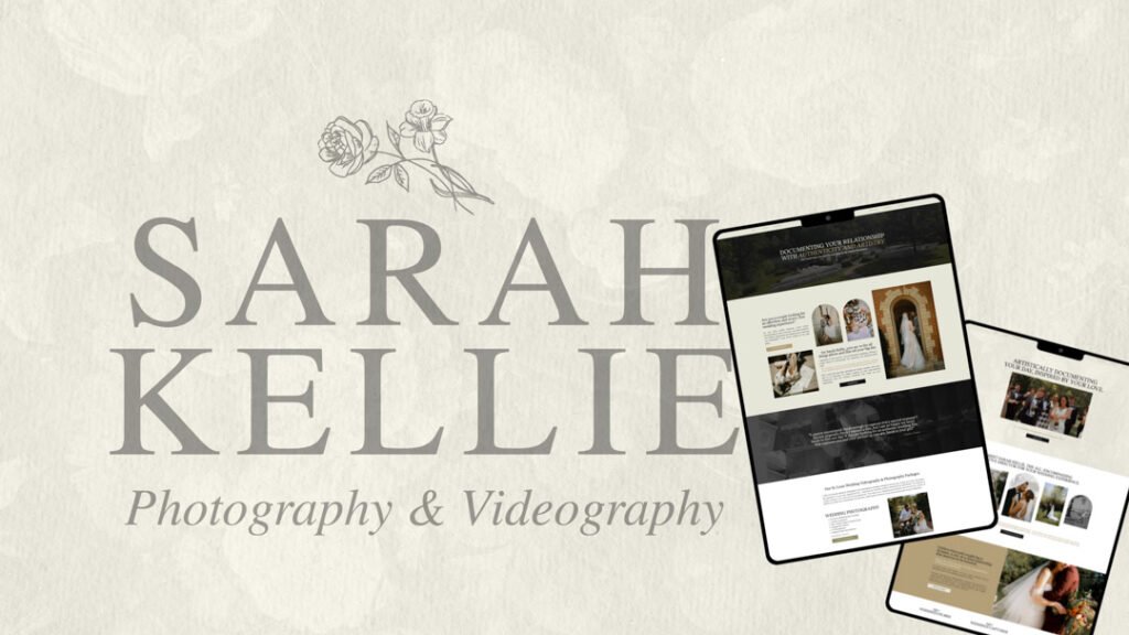 Ipad screen displaying a modern, refreshed website design for a wedding photographer.