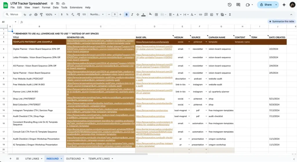 Lenya Creative Spreadsheet Example for Tracking UTM Link Analytics | 3 Ways To Track Your Website Engagement Analytics | Lenya Creative