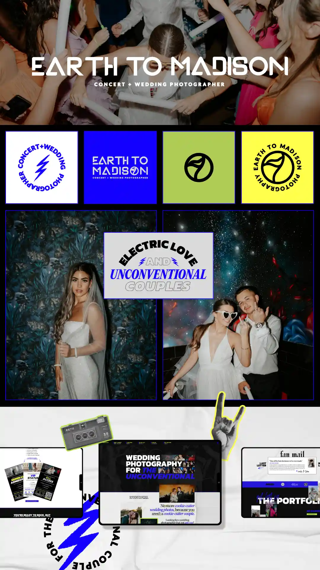Edgy website and brand design moodboard for Earth To Madison, a concert and wedding photographer with neon-esque color palette and bold visuals.