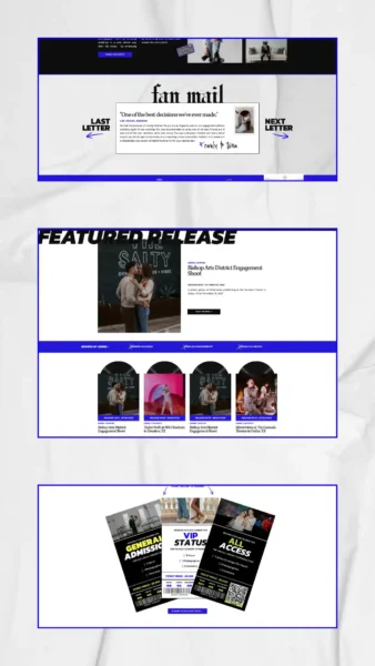 Edgy website design featuring Madison's themed "fan mail" section for testimonials, her "featured releases" for her blog section and the "ticket" style package design for her services page.