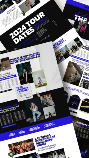 A layered collage of all the different pages of this bold and edgy website design by Lenya Creative Studio.