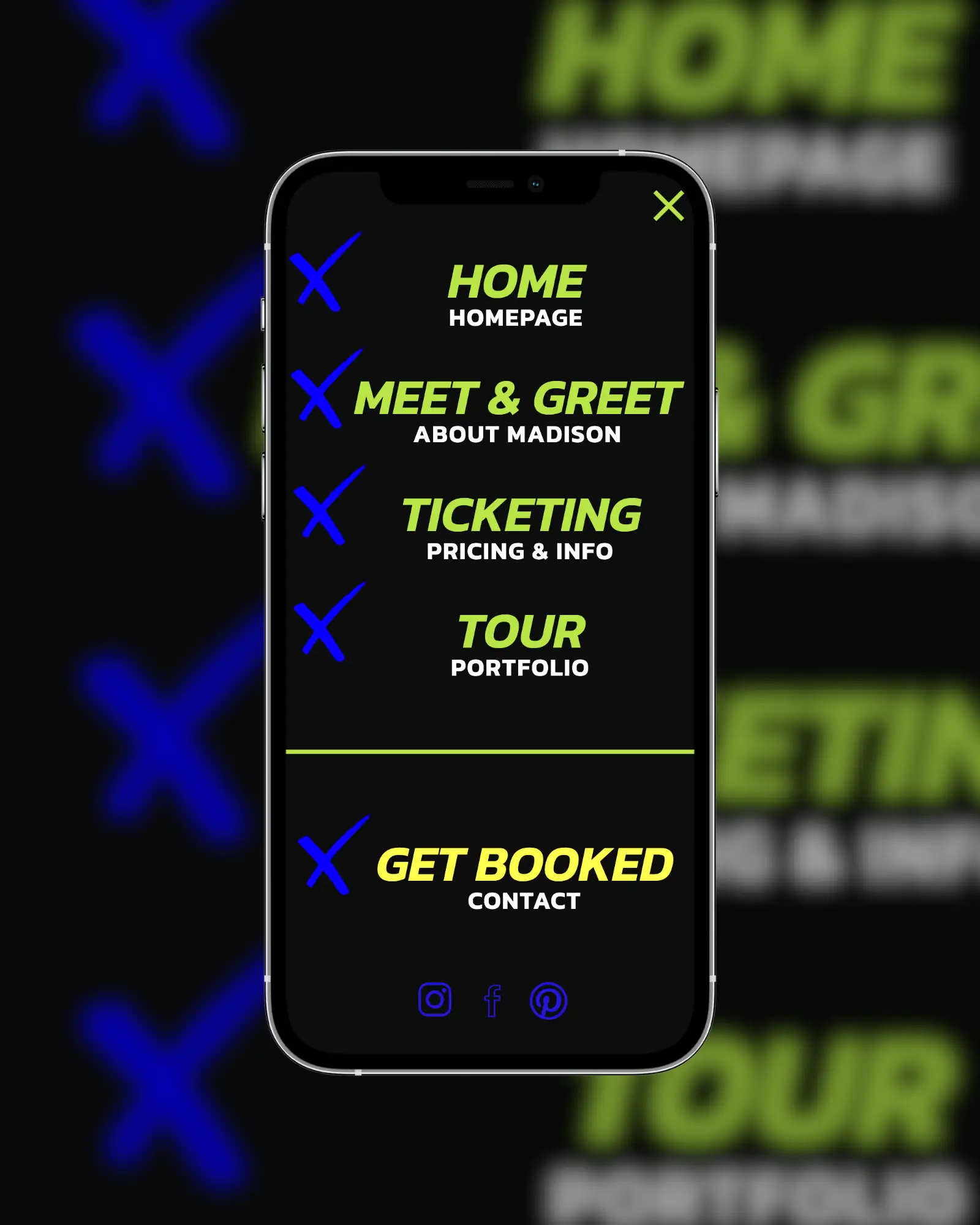 Edgy website design with bold neon rave energy type fonts and menu navigation names like: Home, Meet & Greet, Ticketing, Tour & Get Booked
