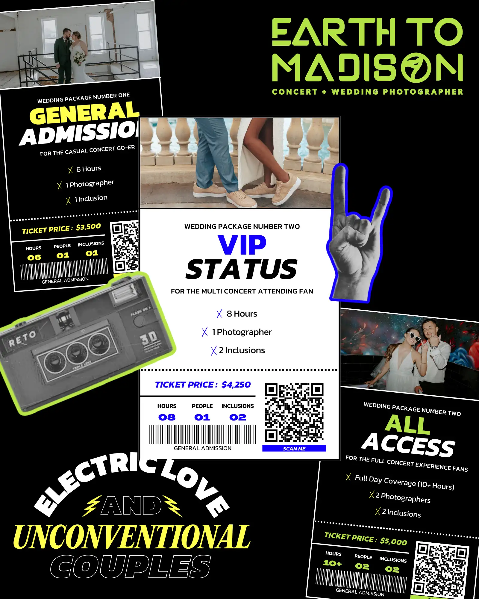 Edgy and bold ticket style pacakges for her raving concert photography vibe