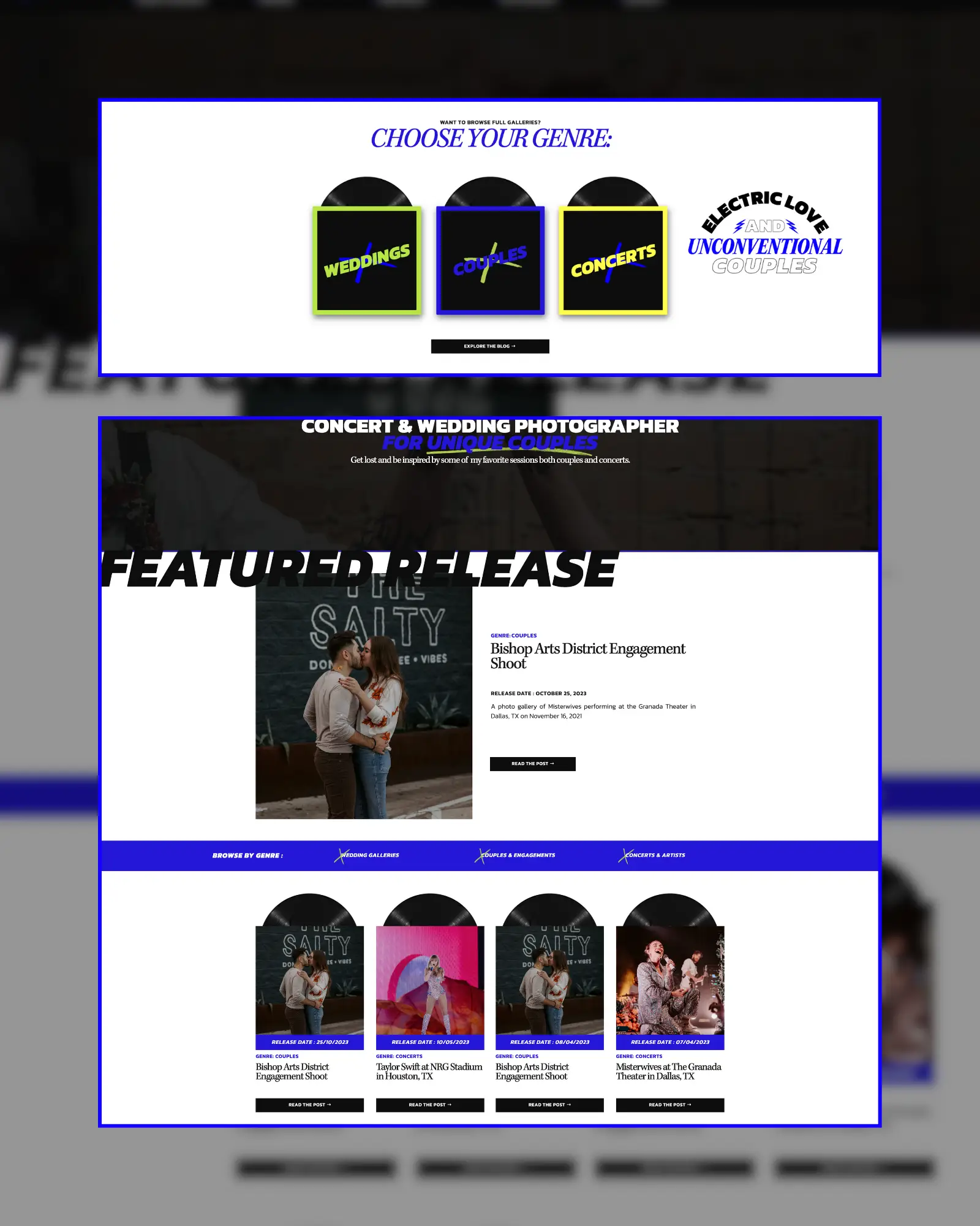 More edgy website design theming on the portfolio page with "Choose your genre" and "Featured release" for the different portfolio pieces like they were album releases.