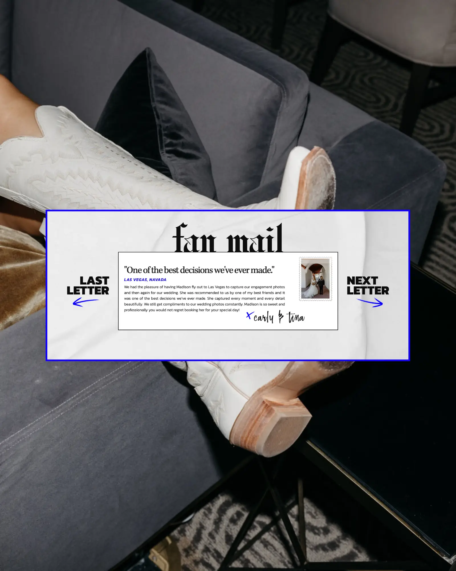 Edgy website design with tattoo-style font of copy that says "fan mail" and then has testimonials.