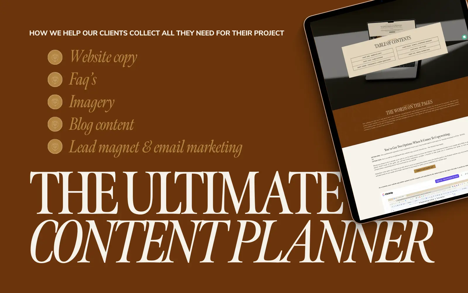 Graphic of Lenya Creative's Content Planner with copy that says: How we help our clients collect all they need for their project: website copy, faq's, imagery, blog content, lead magnet and email marketing content. IE: The ultimate content planner for your website redesign.